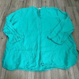 Eileen Fisher Teal Linen Casual Button Down Shirt Relaxed Fit Sz XLarge